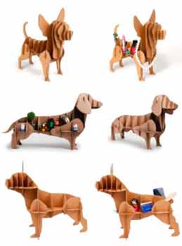 seis figuras ensambladas con forma de perro en madera contadas con laser